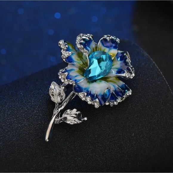 Blue Enamel Flower Brooch with Teardrop & Crystals Silver Tone - Picture 2 of 3